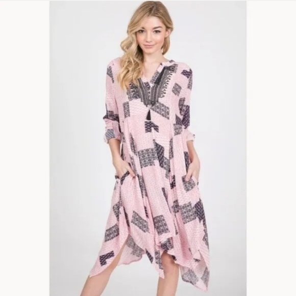 Boutique Patchwork Asymmetrical Midi Dress Pink Bohemian Print Gauze V-Neck - Picture 5 of 6